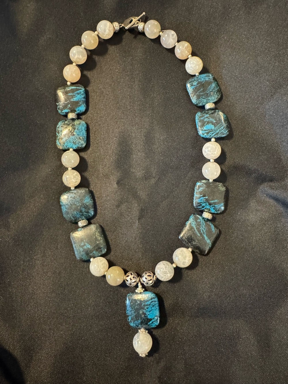 Blue and Cream Beaded Statement Necklace 20” long. ZOOM in for better clarity.